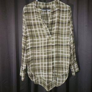Banana Republic Small Sheer Hi Low 3/4 Sleeve Blouse V-Neck Top Green Plaid